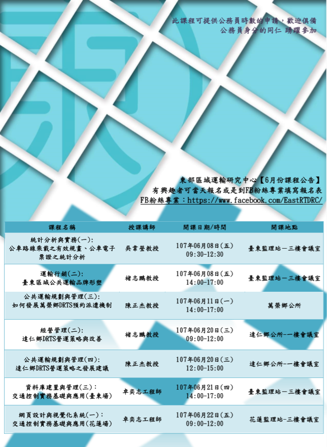 【課程快報】6月份課程!!〈統計分析與實務〉〈運輸行銷〉〈公共運輸規劃與管理〉〈經營管理〉〈資料庫建置與管理〉〈網頁設計與視覺化系統〉