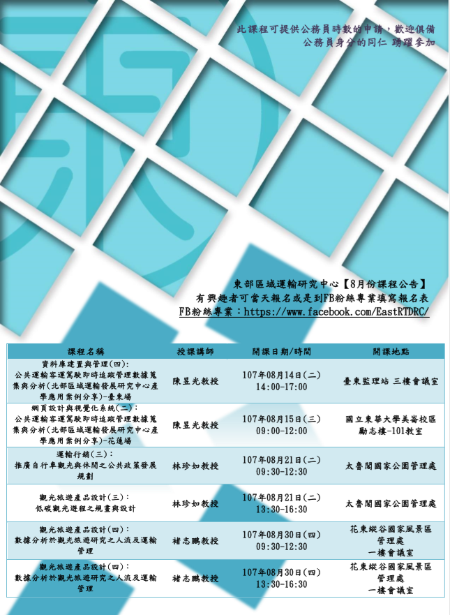 【課程快報】8月份課程!!〈資料庫建置與管理〉〈網頁設計與視覺化系統〉〈運輸行銷〉〈觀光旅遊產品設計〉〈公共運輸規劃與管理〉